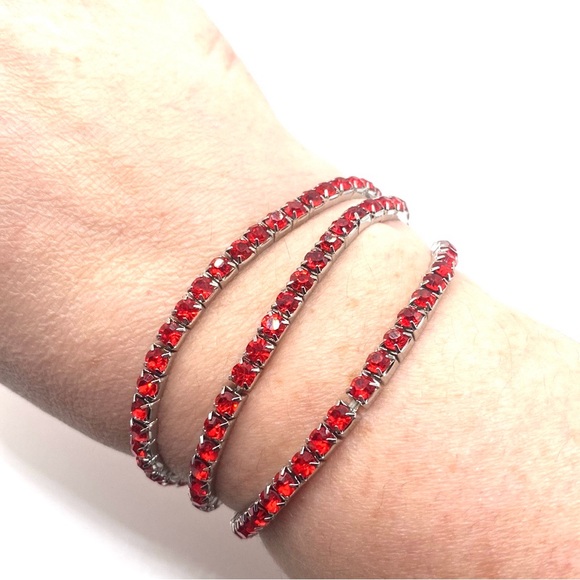 Rhinestone Stretch Bracelet Stackable Red Stones Silver Tone - Picture 5 of 5